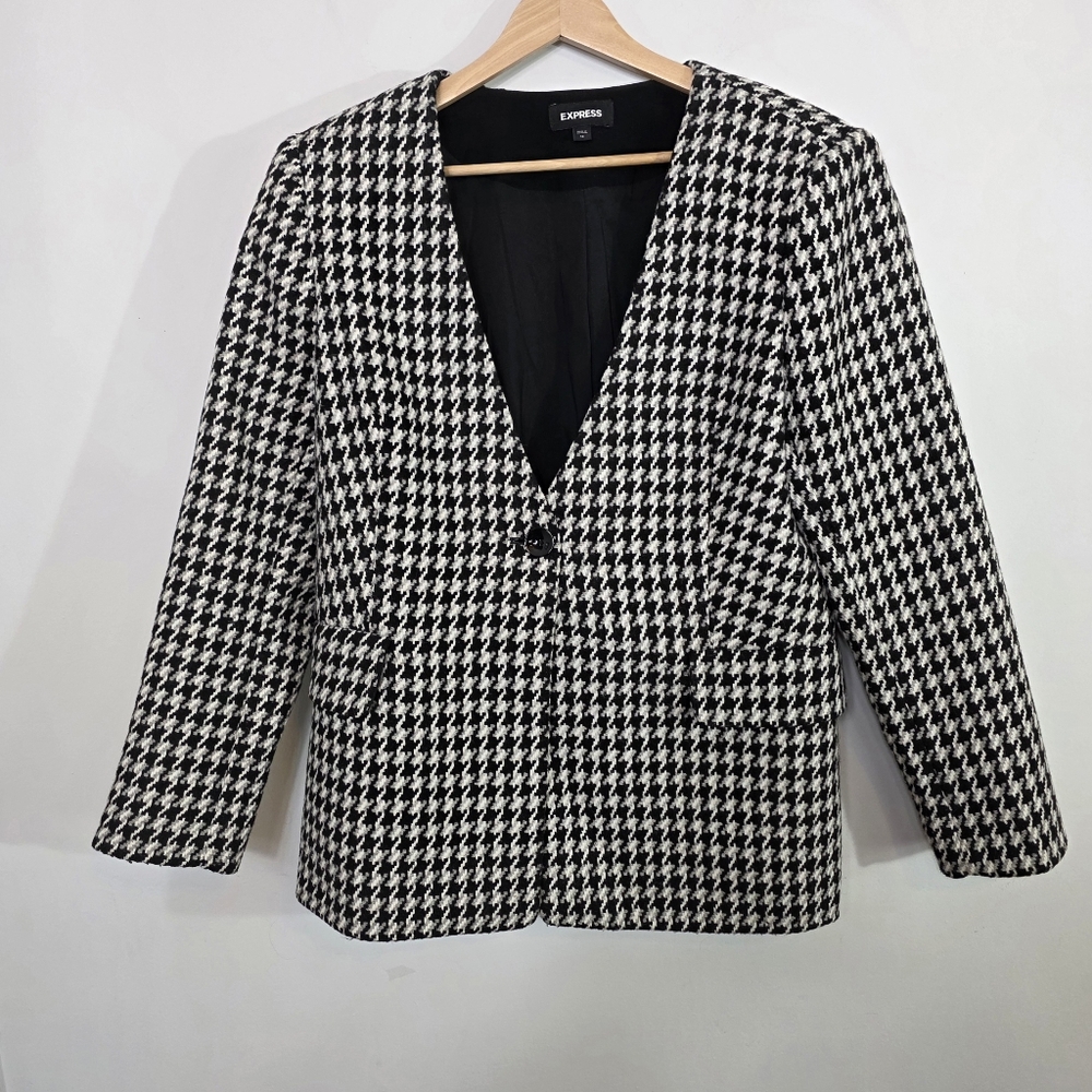 Express Houndstooth Tweed Black and White Fall Winter Trendy Button Blazer SZ 14